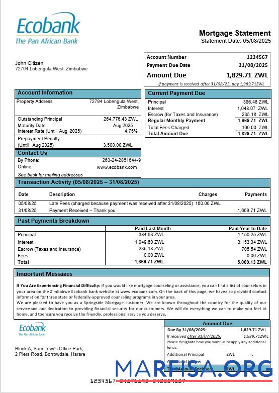 Blank Zimbabwe Ecobank bank mortgage statement in Word and PDF formats download for verification